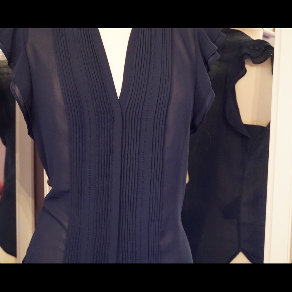 H&M Navy Pleated Pintuck Flutter Sleeve Blouse